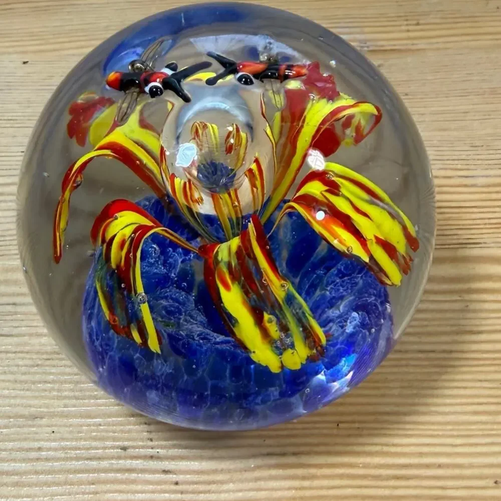 Art Glass Paperweight Floral Bee Design Hand Blown Glass Orb 3.5